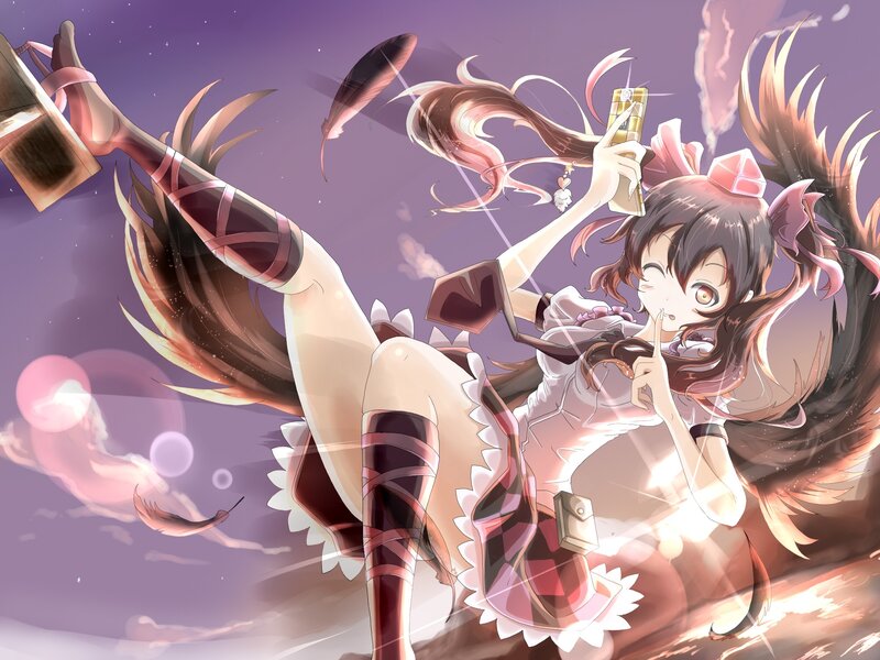 anime girl with phone and feathers