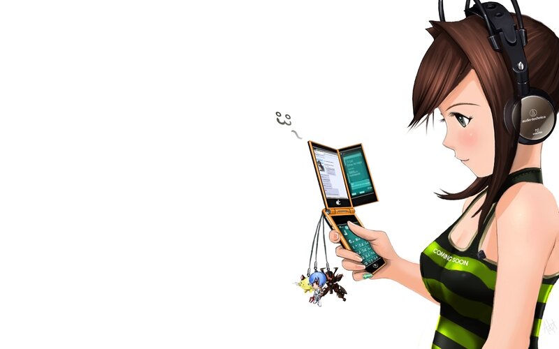 anime girl with phone and headphones