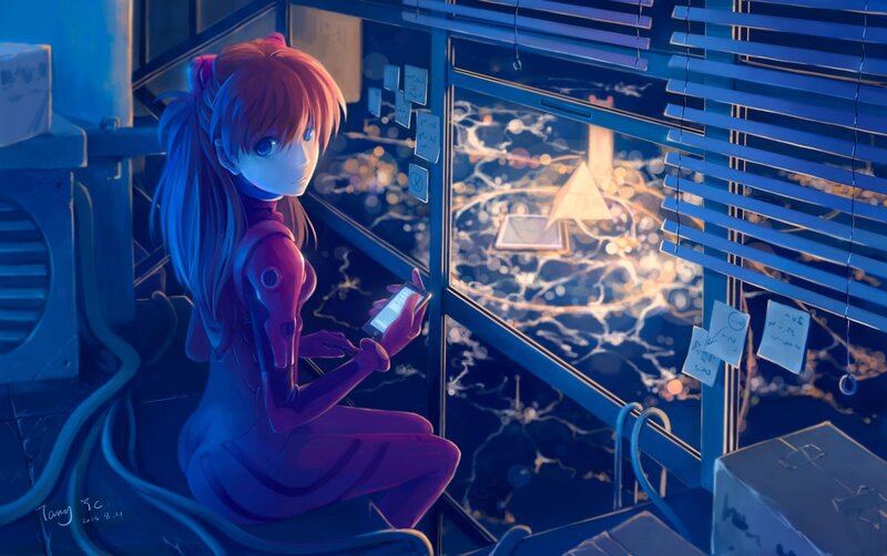 anime girl with phone at night
