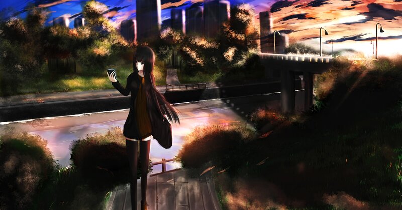 Anime girl with phone at sunset