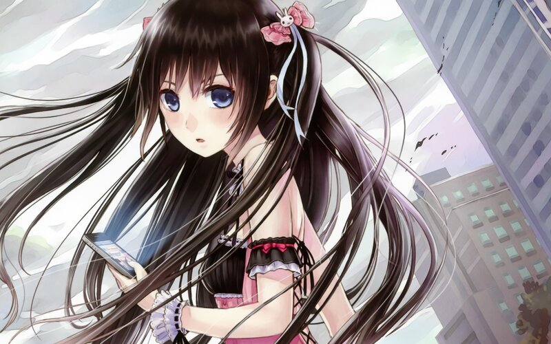 Anime Girl with Phone — Black, Dramatic