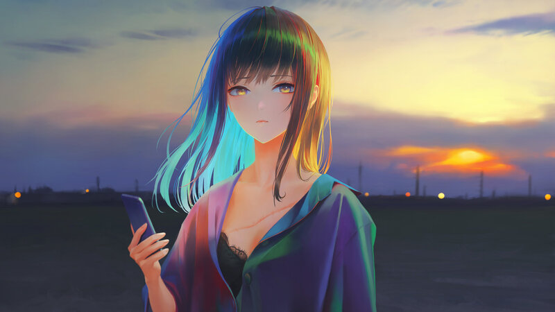 Anime Girl with Phone — Blue, Dramatic, Sunset