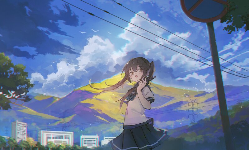 Anime Girl with Phone — Blue, Serene, Afternoon, Digital Art