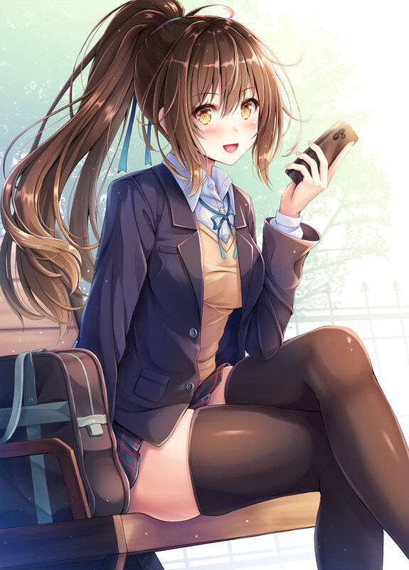 Anime Girl with Phone — Brown, Calm, Afternoon, Digital Art