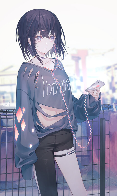 Anime Girl with Phone — Gray, Calm, Afternoon, Digital Art