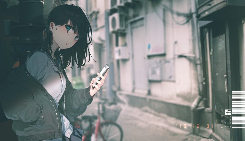 Anime Girl with Phone — Gray, Melancholic, Digital Art