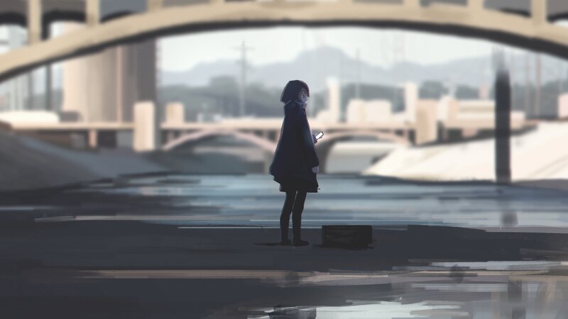 Anime Girl with Phone — Gray, Melancholic