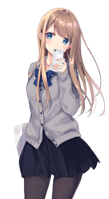 Anime Girl with Phone — Gray, Neutral, School Uniform