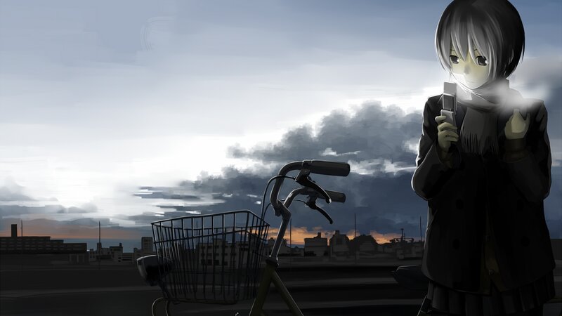 Anime Girl with Phone — Gray