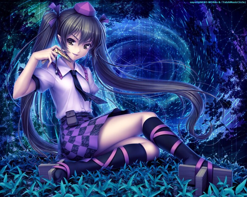 Anime girl with phone in forest