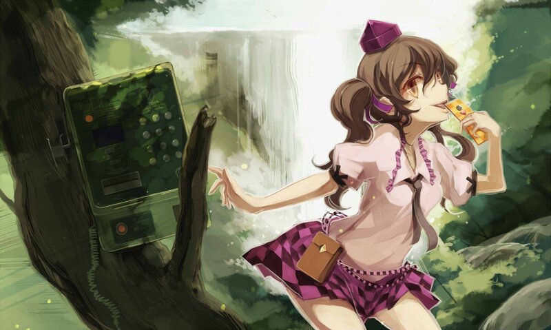 anime girl with phone in forest