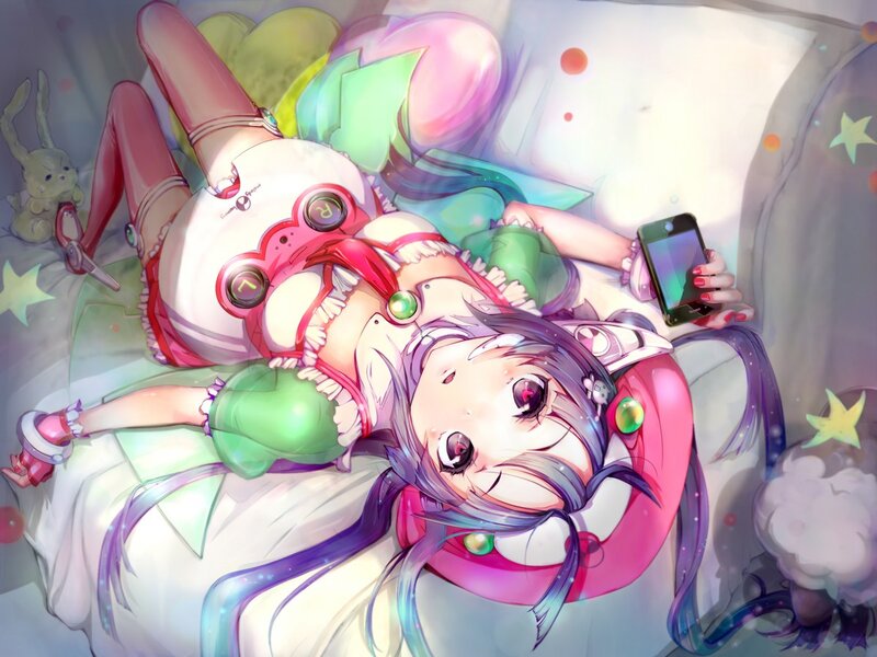 anime girl with phone on bed