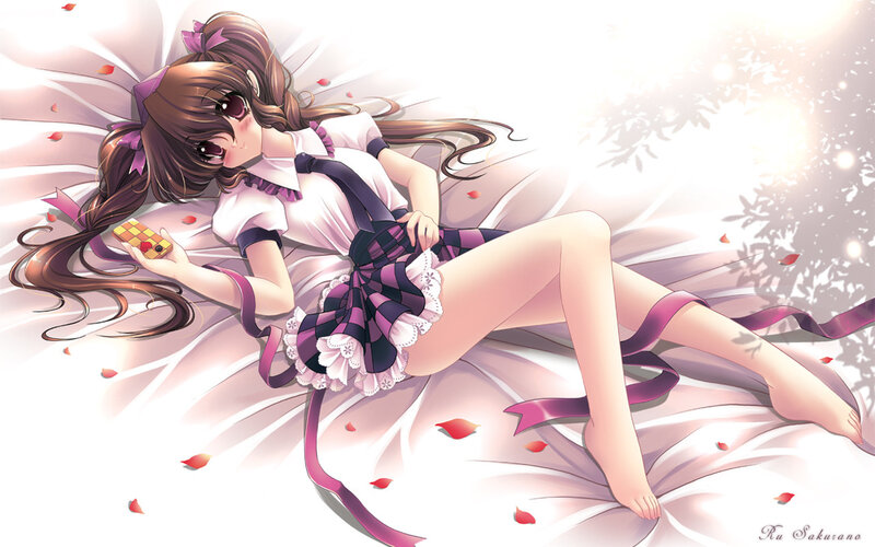 Anime girl with phone on bed