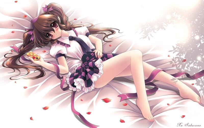Anime girl with phone on bed