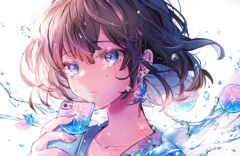 Anime Girl with Phone — Pink, Dreamy, Digital Art