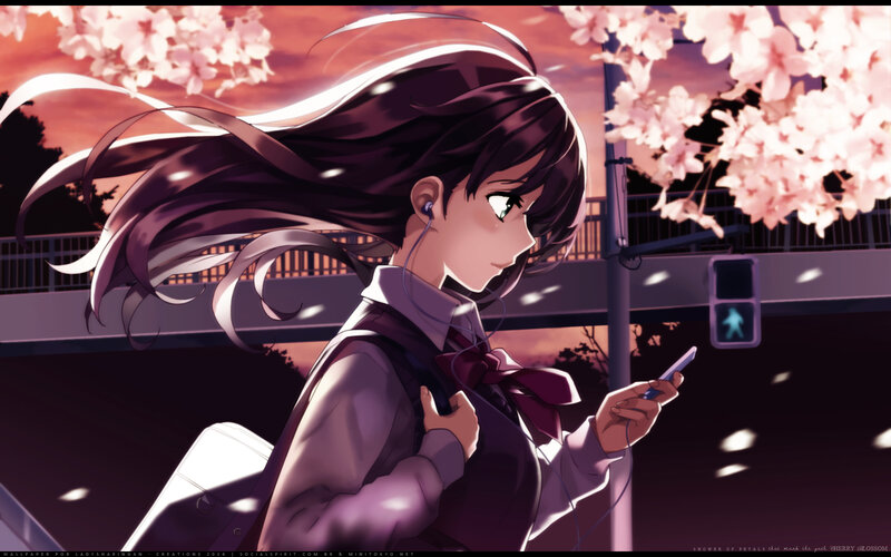 Anime Girl with Phone — Purple, Serene, Sunset, Cherry Blossoms