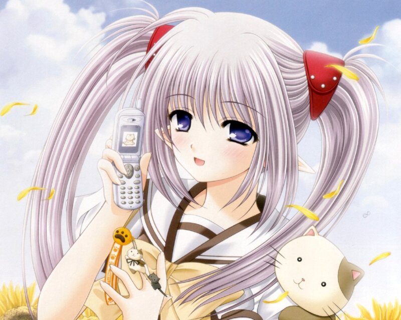 Anime Girl with Phone — White