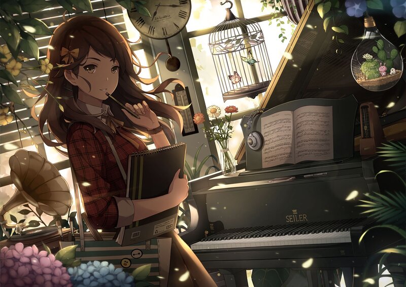 Anime Girl with Piano — Brown
