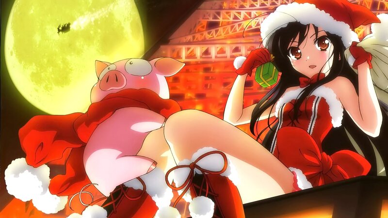 Anime Girl with Pig — Red, Festive