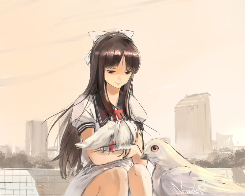 Anime Girl with Pigeons