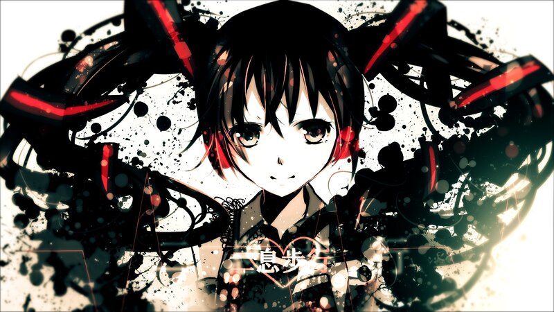 Anime Girl with Pigtails — Black, Dramatic, Digital Art, Splatter, Heart