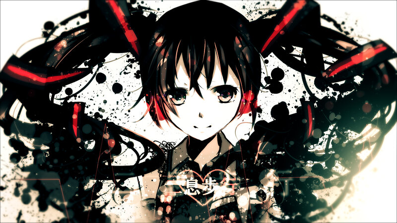 Anime Girl with Pigtails — Black, Dramatic, Digital Art, Splatter