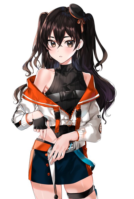 Anime Girl with Pigtails — Black, Neutral, Digital Art