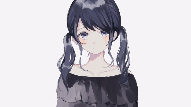Anime Girl with Pigtails — Black, Sad