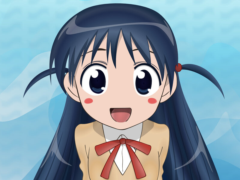Anime Girl with Pigtails — Blue, Cheerful, School Uniform, Red Bow, Blush