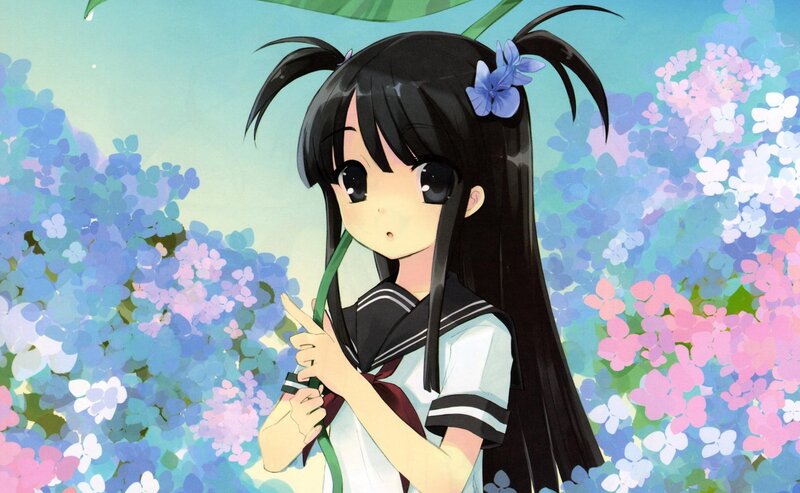 Anime Girl with Pigtails — Blue, Serene, Spring