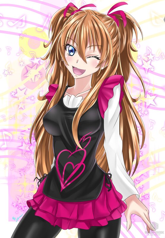 Anime Girl with Pigtails — Pink, Cheerful, Music Notes