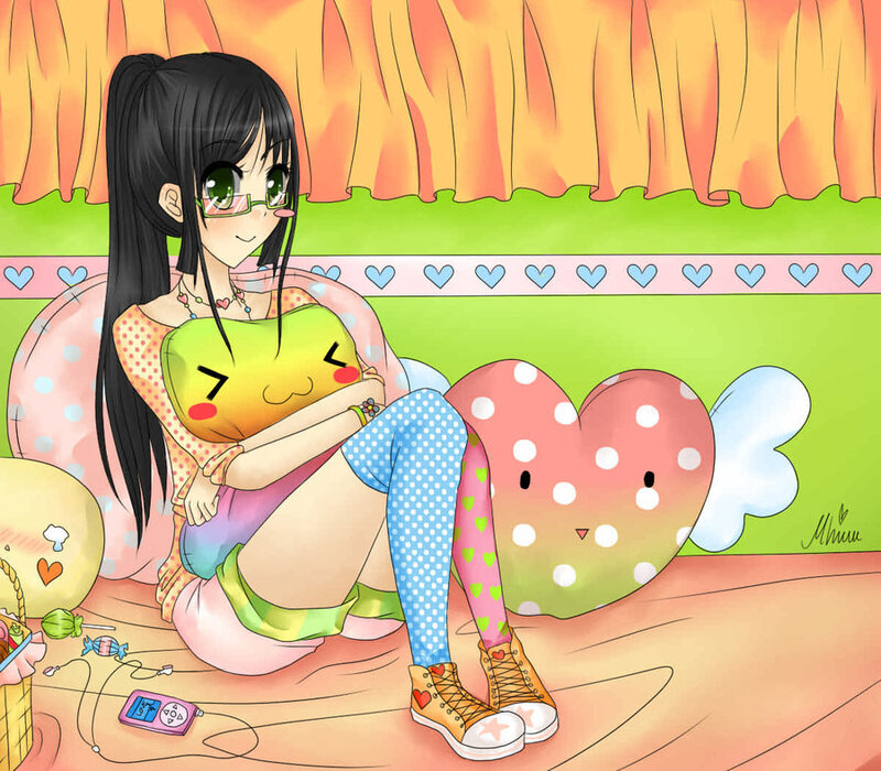 Anime Girl with Pillows — Green
