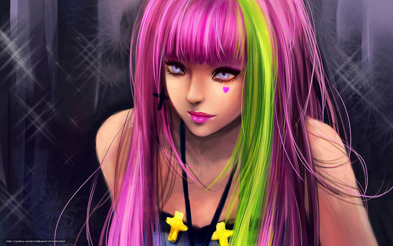 anime girl with pink and green hair