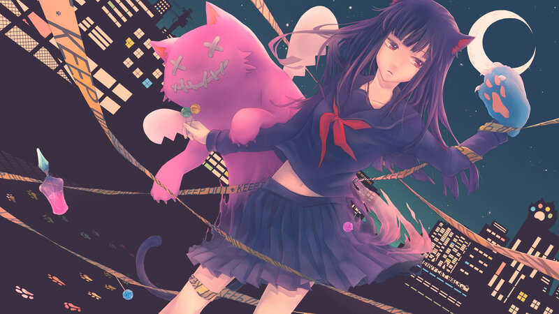 Anime Girl with Pink Cat — Purple