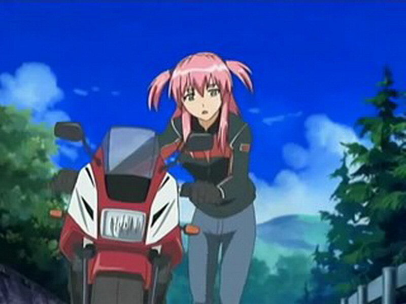 anime girl with pink hair and motorcycle