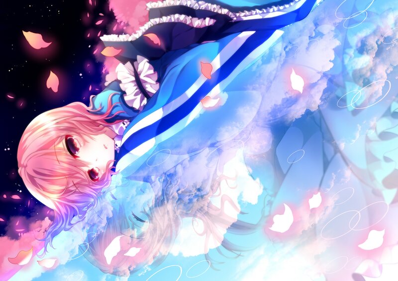 Anime Girl with Pink Hair — Blue, Dreamy, Night, Digital Art, Flower Petals