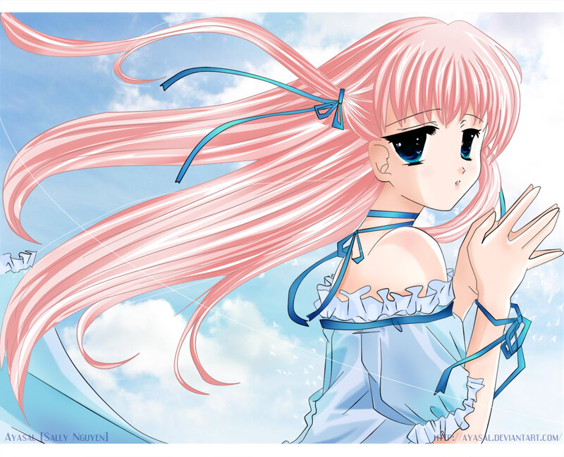 Anime Girl with Pink Hair — Blue, Serene, Afternoon, Sky