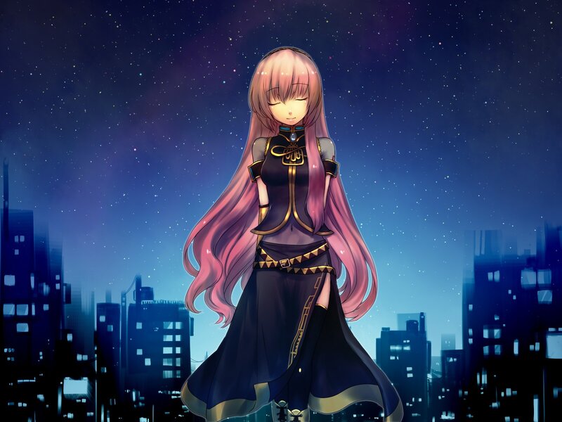 Anime Girl with Pink Hair — Blue, Serene, Night, Digital Art, City Skyline, Stars