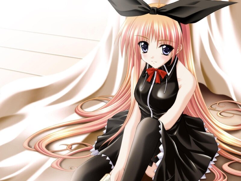 Anime Girl with Pink Hair — Calm, Black Bow, Red Bow