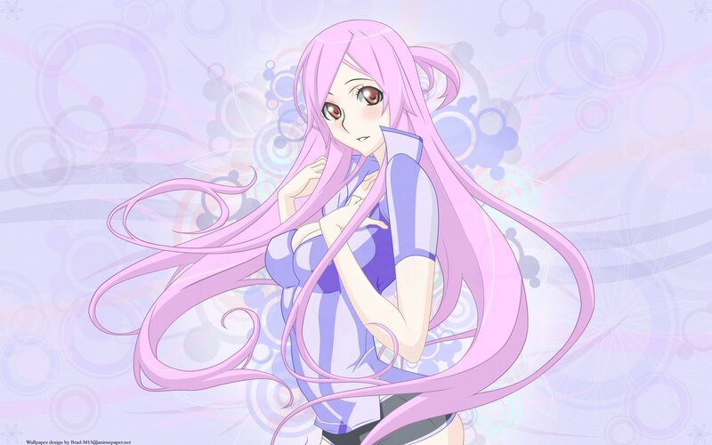 Anime Girl with Pink Hair — Calm, Long Hair, Purple Shirt, Background Swirls