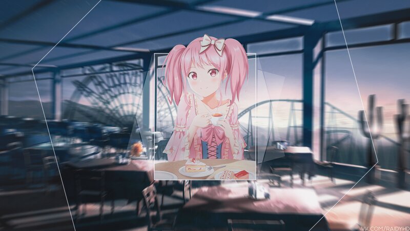 Anime Girl with Pink Hair — Calm, Sunset, Coffee Cup