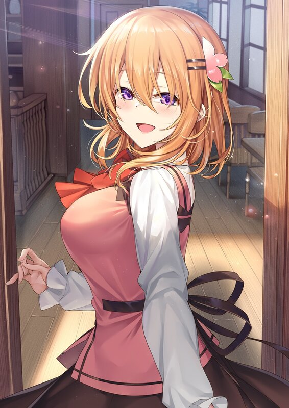 Anime Girl with Pink Hair — Cheerful, Afternoon, Flower Accessory