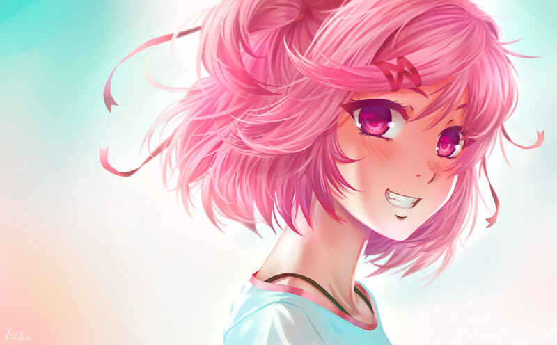 Anime Girl with Pink Hair — Cheerful, Digital Art