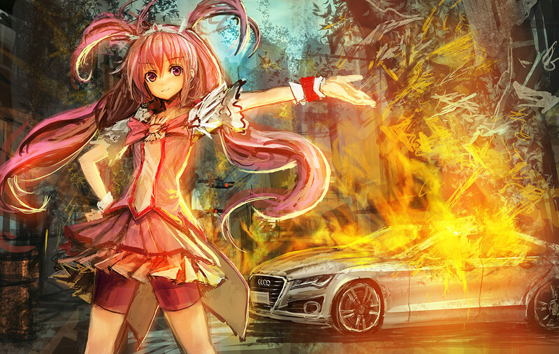 Anime Girl with Pink Hair — Dramatic, Digital Art, Car