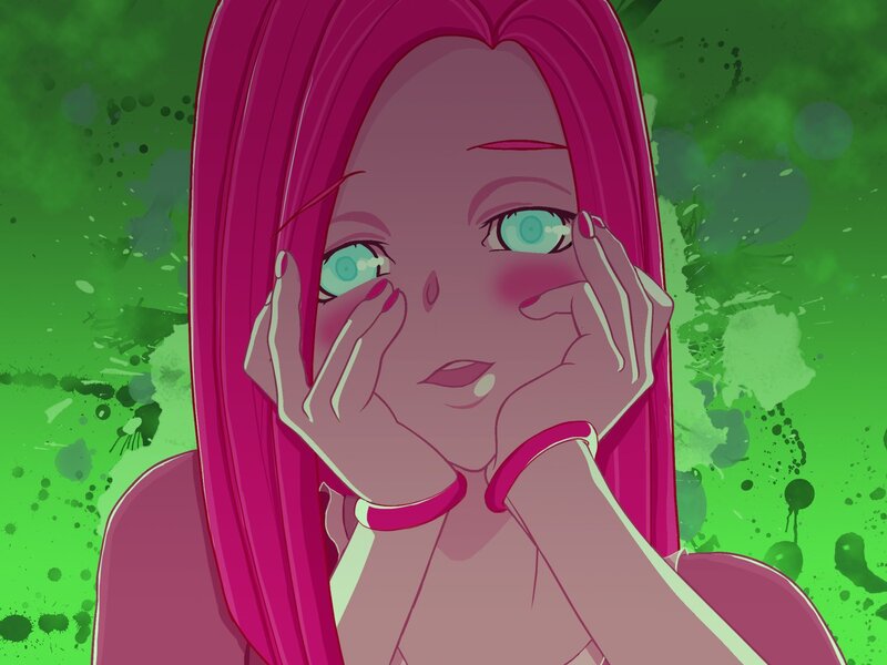 Anime Girl with Pink Hair — Dramatic, Digital Art, Green Background
