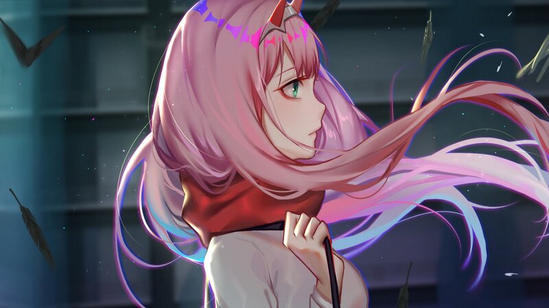 Anime Girl with Pink Hair — Dramatic, Night, Digital Art, Feathers