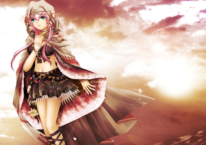 Anime Girl with Pink Hair — Dramatic, Sunset, Cape