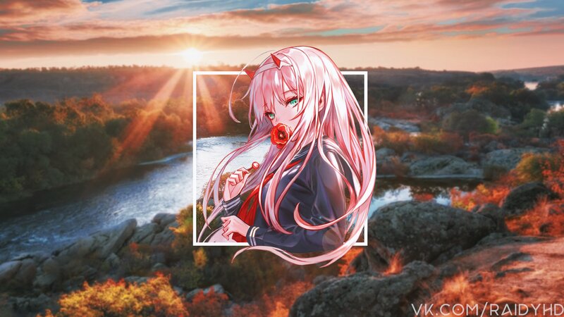 Anime Girl with Pink Hair — Dramatic, Sunset, Digital Art, River
