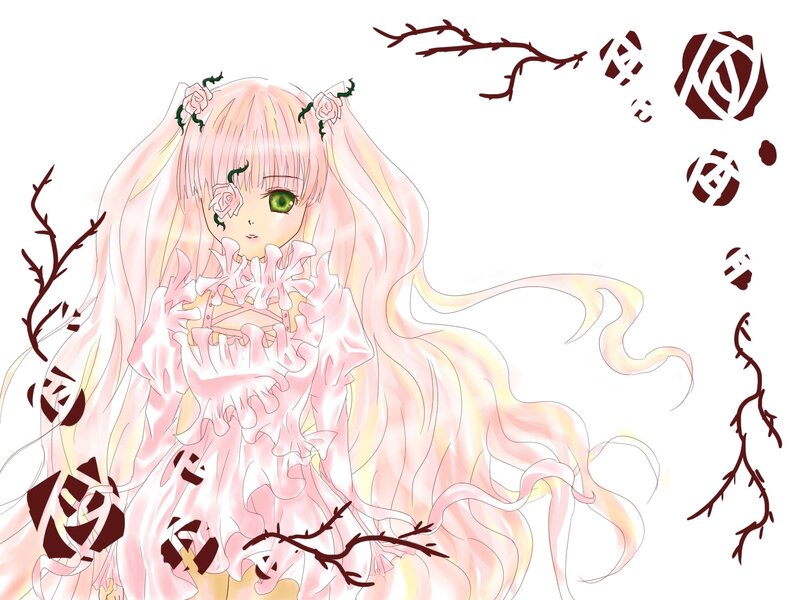 Anime Girl with Pink Hair — Dreamy, Digital Art, Roses, Branches
