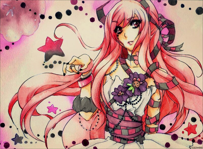 Anime Girl with Pink Hair — Dreamy, Digital Art, Stars, Flowers